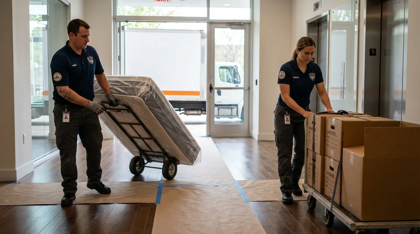 Professional apartment movers loading elevator in Ferrisburgh, VT