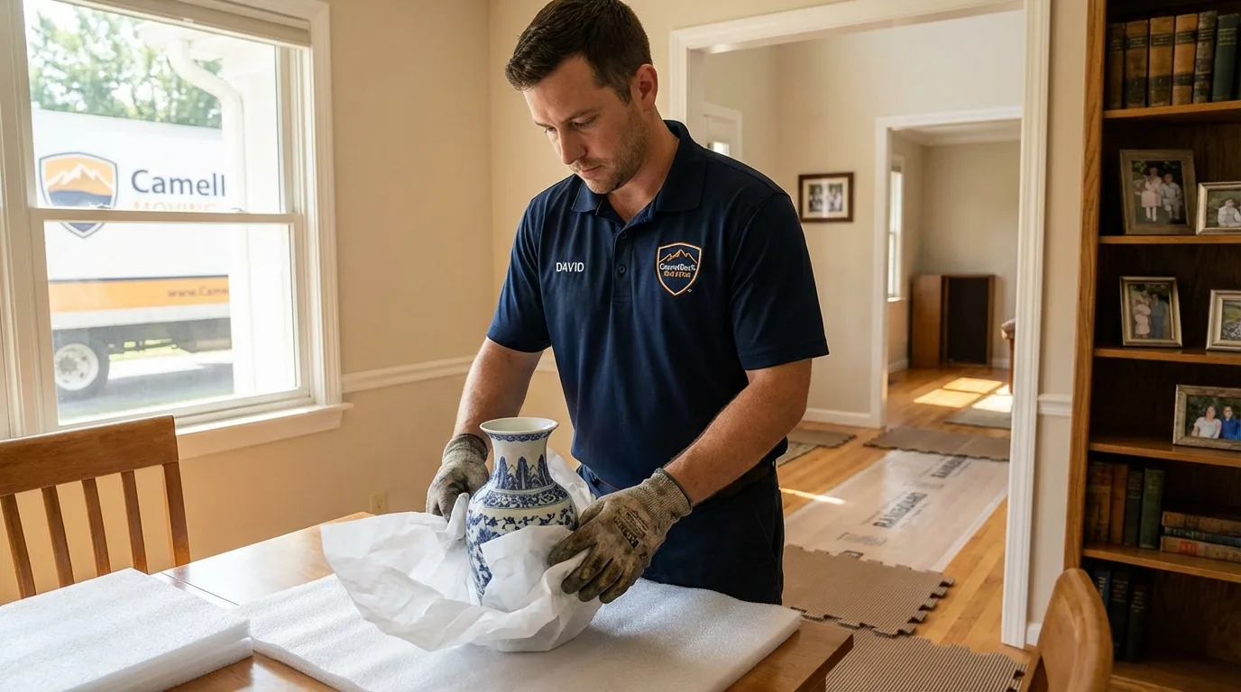 Professional crew carefully wrapping antique vase for senior downsizing move in Ferrisburgh, VT